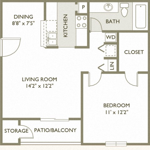 Floor plan for 1 bed, 1 bath, 650 sqft